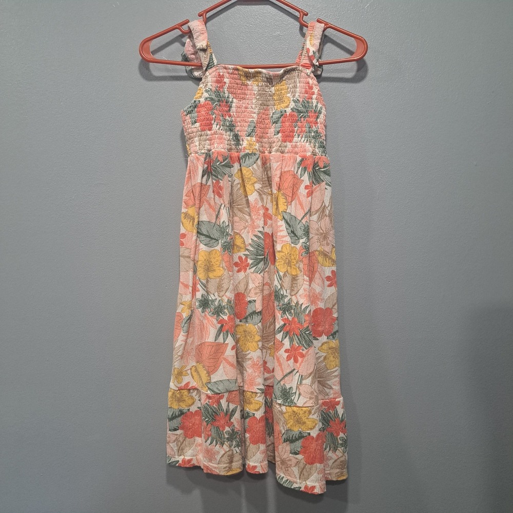 Carters Girls Size 8 Floral Smocked Tiered Midi Sundress Tropical Coral Yellow